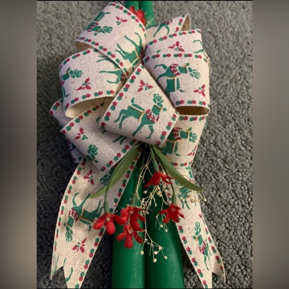 Homemade Decorative Holiday Tall Green Candles with Ribbon & Faux Flowers - Picture 3 of 5